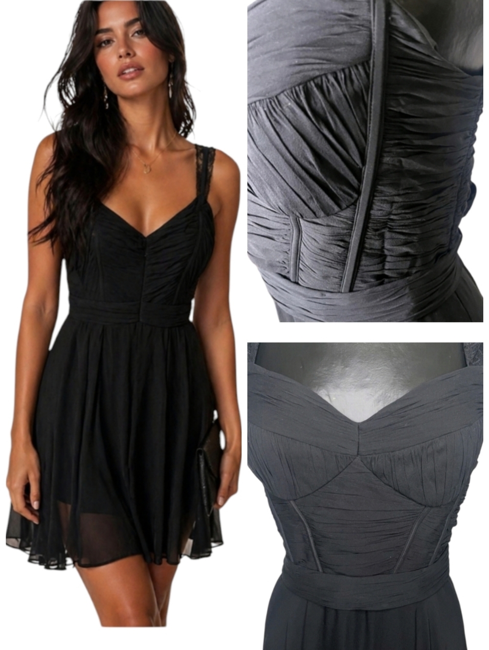 New Designer Black Silk Lace-Trim Bustier Babydoll Chiffon Party Mini Dress NWT